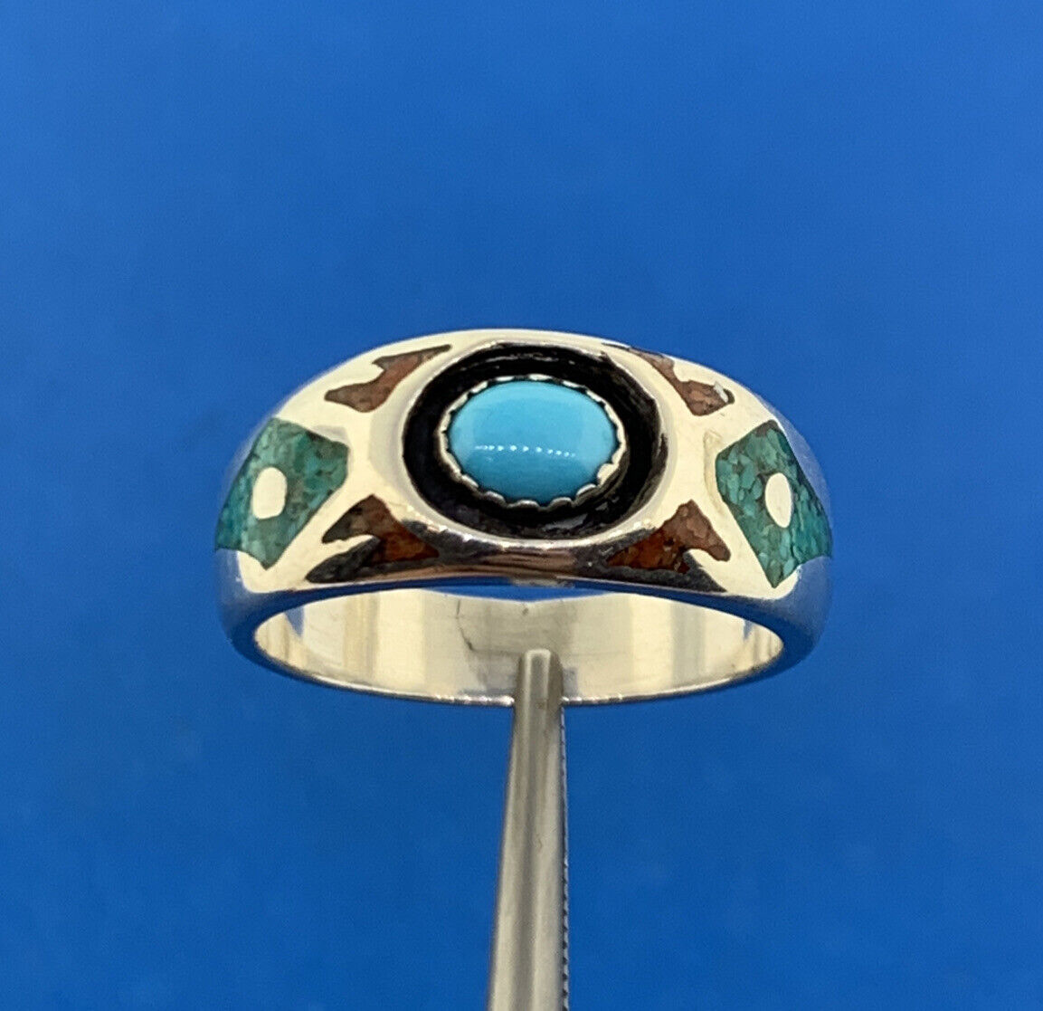 Native American T.J.W. Sterling Silver 925 Turquoise Coral Inlay Band Ring