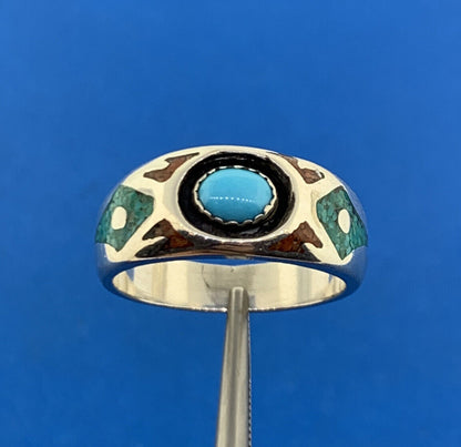 Native American T.J.W. Sterling Silver 925 Turquoise Coral Inlay Band Ring