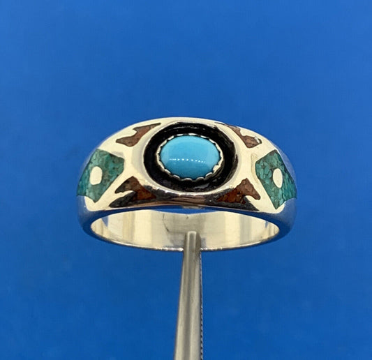 Native American T.J.W. Sterling Silver 925 Turquoise Coral Inlay Band Ring