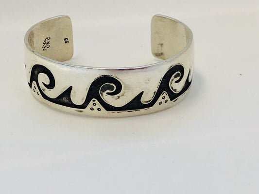 Vintage Native American Sterling Silver Overlay Wave Storyteller Cuff Bracelet