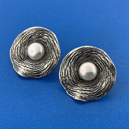 Designer HG Israel Sterling Silver 925 White Pearl Abstract Circle Stud Earrings