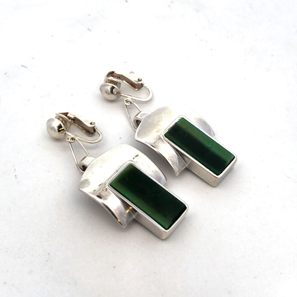 Designer Sterling Silver Chrysoprase Panel Modernist Statement Clip On Earrings