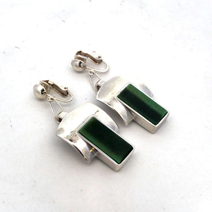 Designer Sterling Silver Chrysoprase Panel Modernist Statement Clip On Earrings