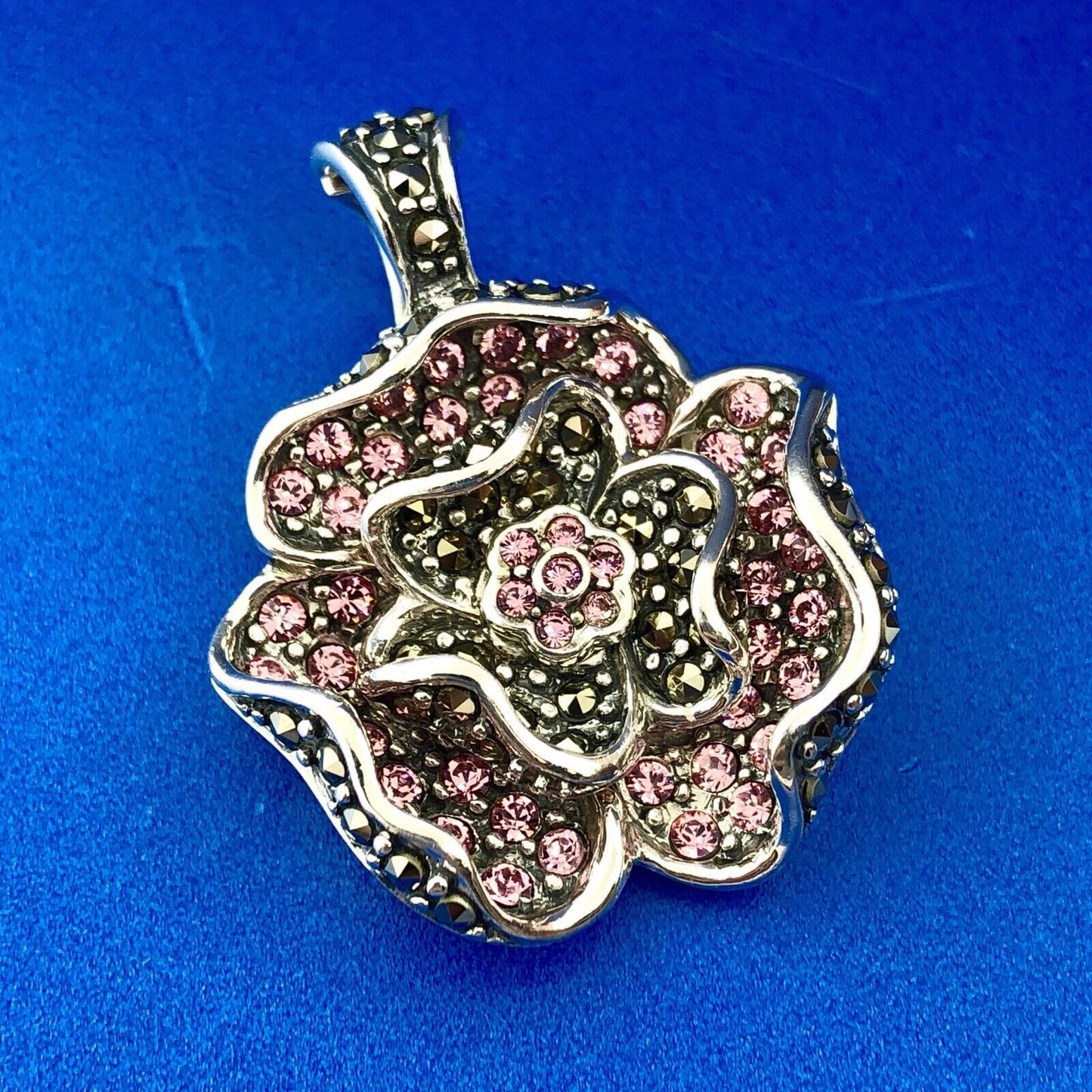 Designer Sterling Silver Pink Cubic Zirconia Marcasite Flower Enhancer Pendant