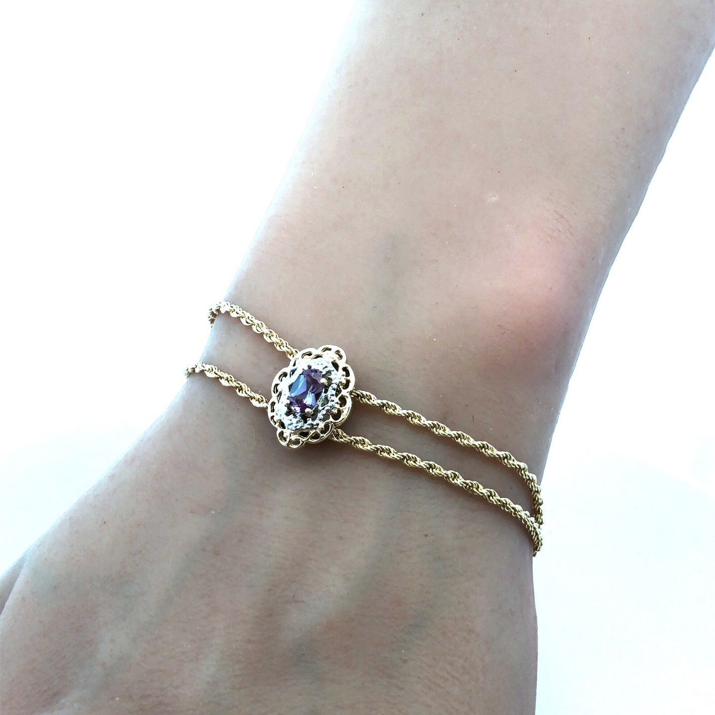 Richard Klein KLJCI 14K Yellow Gold Purple Topaz Diamond Double Strand Bracelet