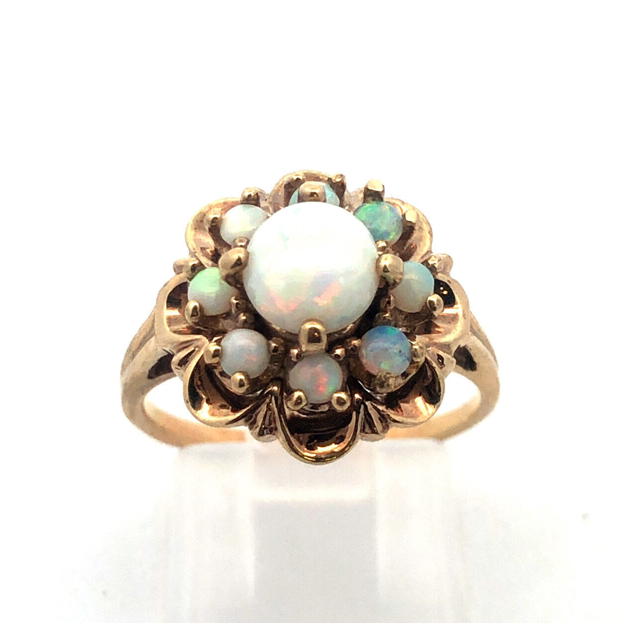 Vintage 10K Yellow Gold Opal Floral Cluster October Anniversary Cocktail Ring