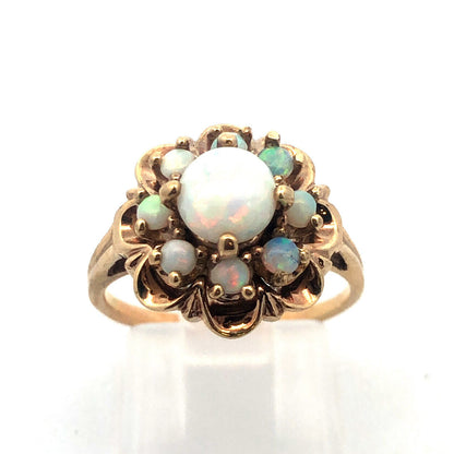 Vintage 10K Yellow Gold Opal Floral Cluster October Anniversary Cocktail Ring