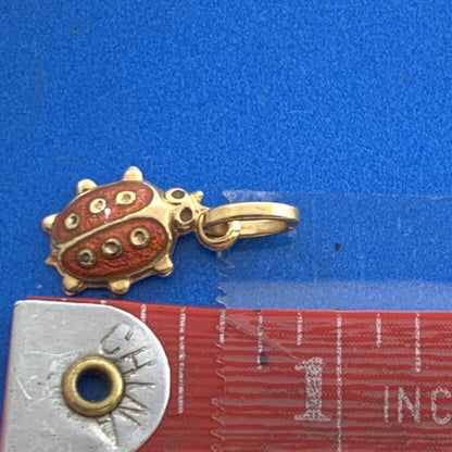 14K Yellow Gold Red Enamel Lady Bug Insect Charm Pendant