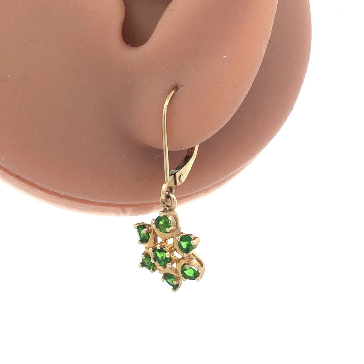 14K Yellow Gold Round Green Tourmaline Flower Leverback Dangle Earrings