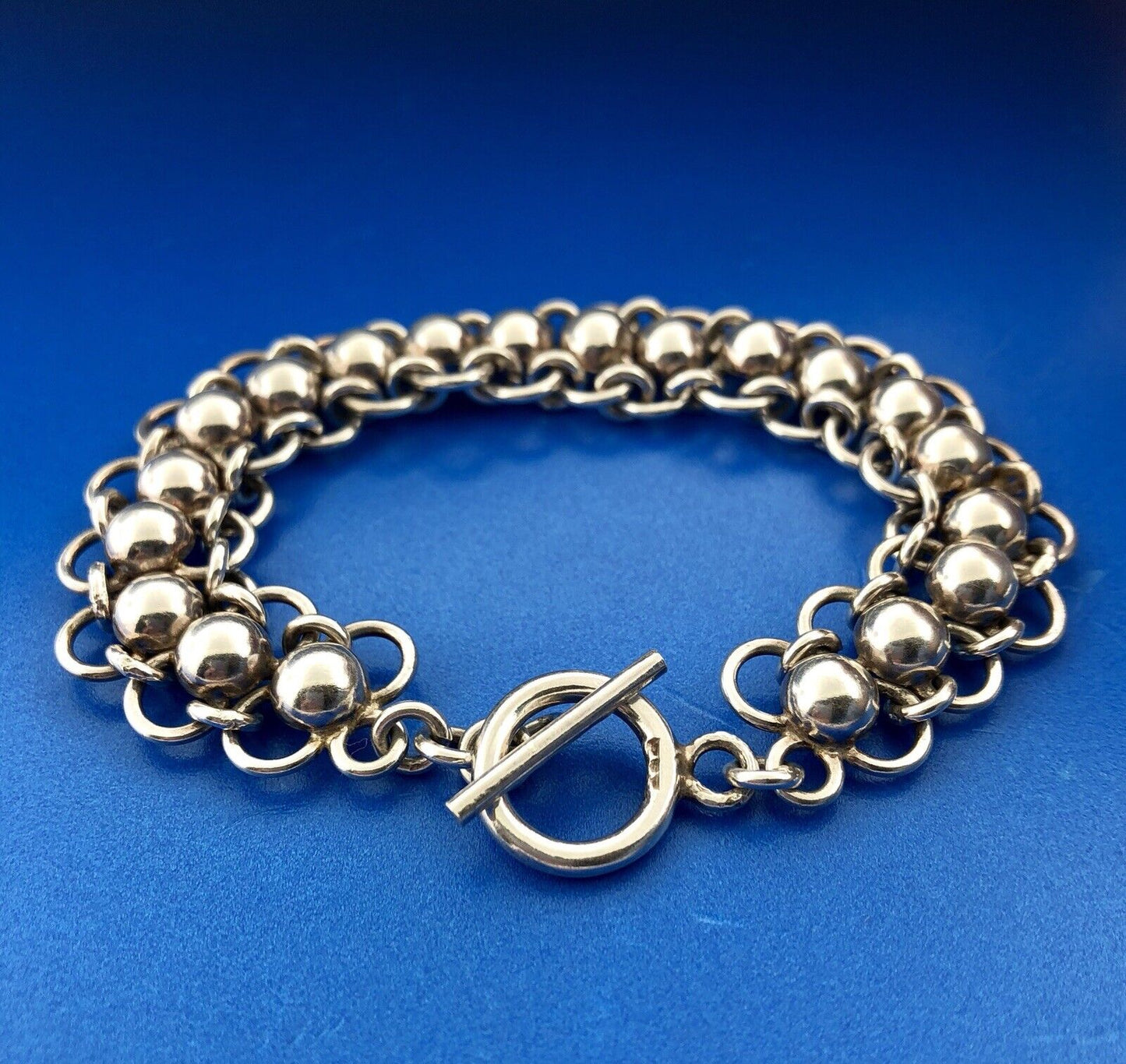 Vintage Sterling Silver 925 Bead Ball Open Work Statement Toggle Bracelet