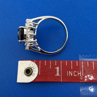 Sterling Silver 925 Blue White Cubic Zirconia CZ Statement Fashion Cocktail Ring