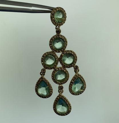Vintage Carolee Lux Gold Tone Green & Gold Rhinestone Chandelier Dangle Earrings