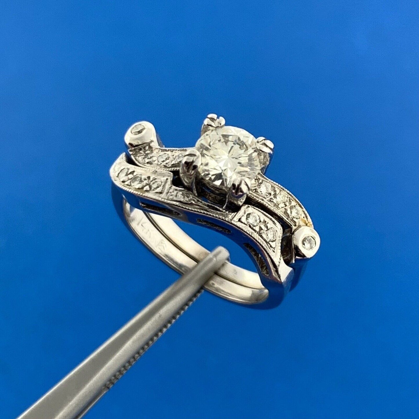 Art Deco 14K White Gold Diamond Solitaire w/Accents Interlocking Bridal Set