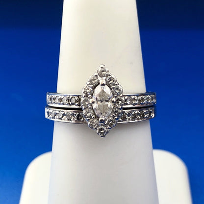 14K White Gold Marquise Solitaire Halo Accents Engagement Ring Band Bridal Set