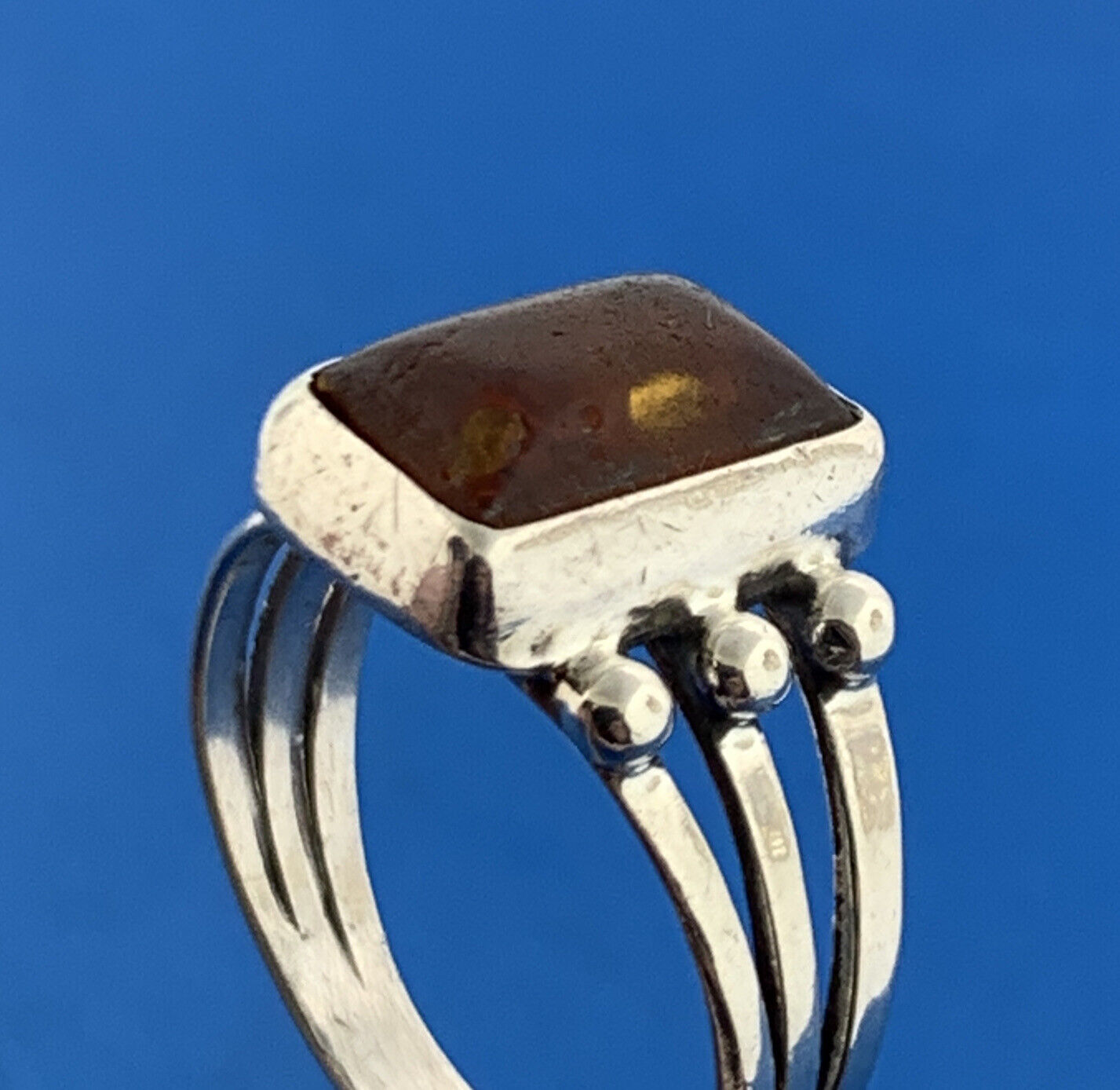 925 Sterling Silver Amber Rectangle Cabochon Cocktail Ring