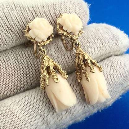 Mid Century 14K Yellow Gold Carved Pink Coral Rose Flower Dangle Screw Earrings