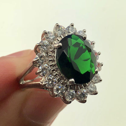 Retro Sterling Silver 925 Green White CZ Statement Fashion Cocktail Ring