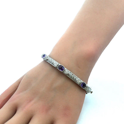 Judith Ripka 925 Sterling Silver Amethyst CZ Romance Hinged Bangle Bracelet