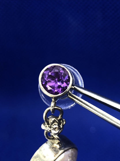 925 Sterling Silver Amethyst Mother of Pearl Round Drop Dangle Earrings