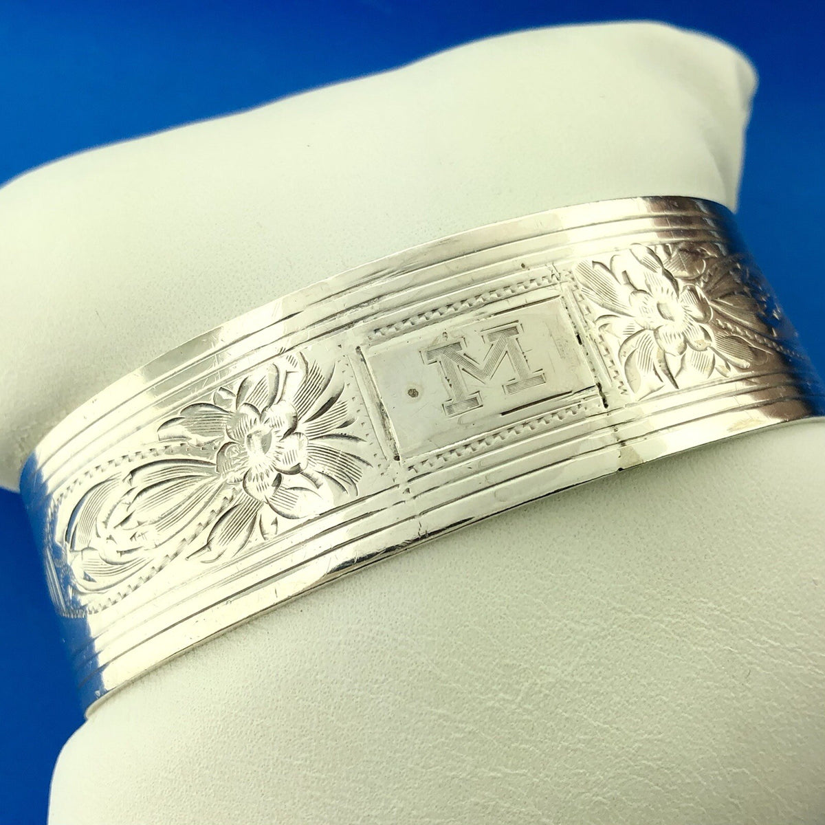 Victorian Edwardian 925 Sterling Silver Etched Floral Monogram M Cuff Bracelet