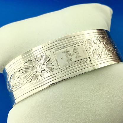Victorian Edwardian 925 Sterling Silver Etched Floral Monogram M Cuff Bracelet