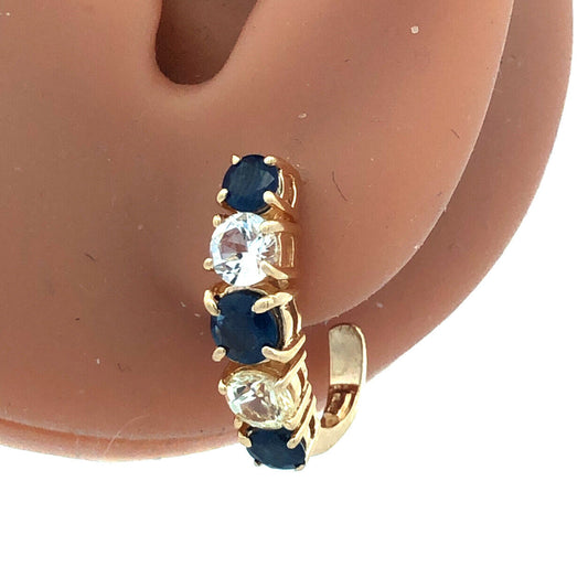 Designer 14K Yellow Gold Round Blue White Sapphire Half Hoop Drop Stud Earrings