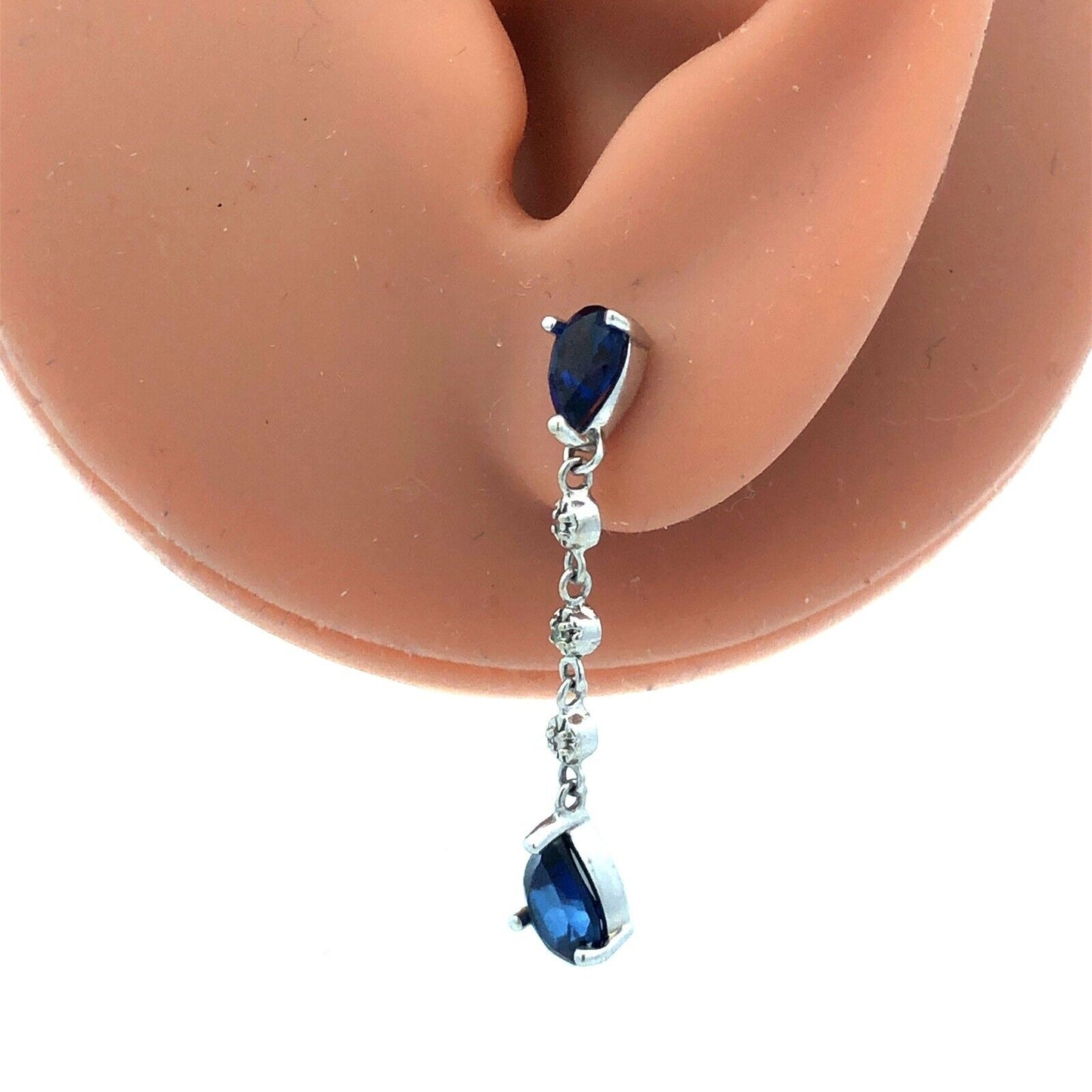 Designer 10K White Gold Pear Cut Blue Sapphire Diamond Drop Dangle Stud Earrings