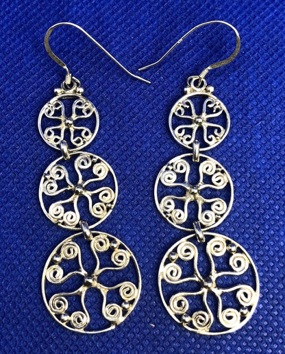 Designer BA 925 Sterling Silver Filigree Scroll Flat Round Dangle Hook Earrings
