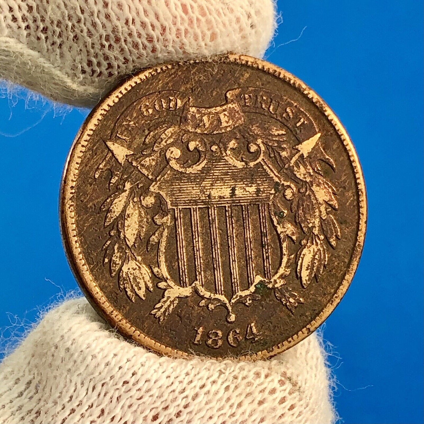 1864 P Bronze Two-Cent Piece Union Shield Large Motto Philadelphia Mint Coin