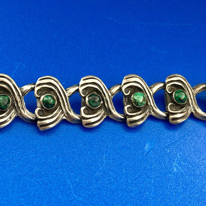 Mid Century Taxco Mexico 925 Sterling Silver Malachite Scroll Panel Necklace