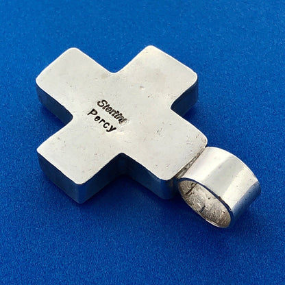 Native American Signed Sterling Silver Turquoise Black Onyx Jasper Cross Pendant