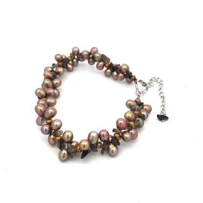 Designer 925 Sterling Silver Bronze Pearl Smoky Topaz Cluster Statement Bracelet