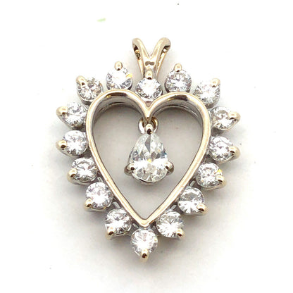 14K White Gold Round Pear Diamond Dangle Heart Anniversary Pendant