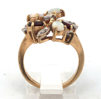 Vintage 14K Yellow Gold Opal Garnet Diamond Floral Cluster Anniversary Ring