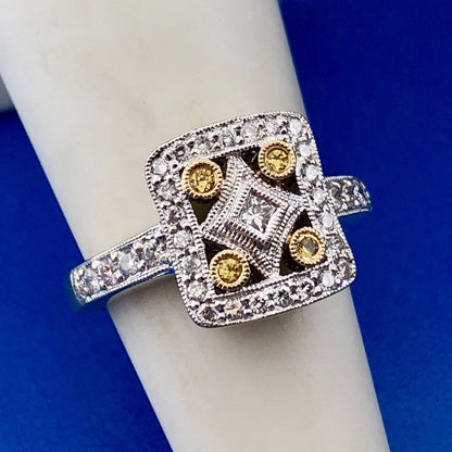 14K White Gold QJM Filigree Yellow White Diamonds Art Deco Style Statement Ring