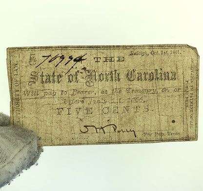 1861 State Of North Carolina 5 Cents 5c Civil War Obsolete State Scrip Note