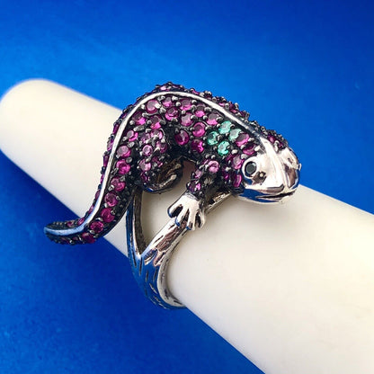 Unusual 925 Sterling Silver Ruby Emerald Gila Monster Lizard Statement Ring