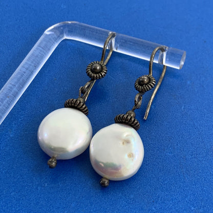 Vintage 925 Sterling Silver Pearl Hook Dangle Drop Earrings