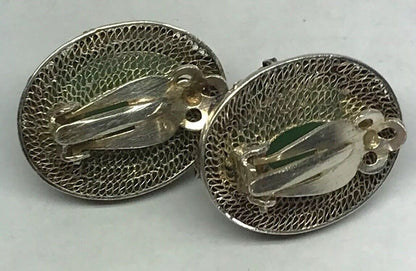 Vintage Artisan Sterling Silver Jade Cloisonne Filigree Statement Clip Earrings