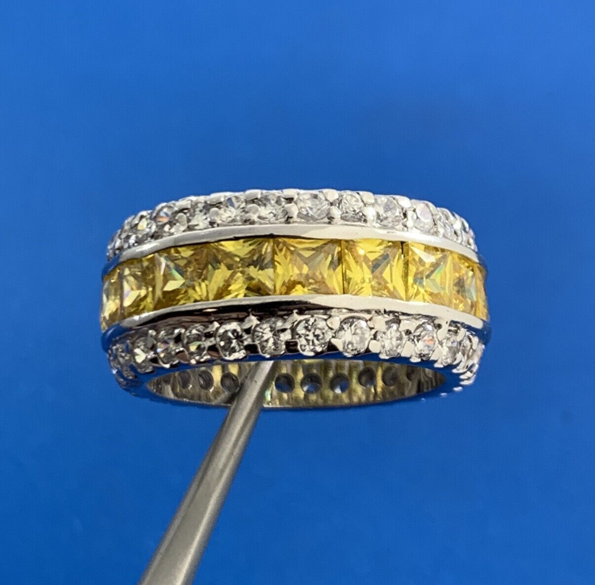 Designer 925 Sterling Silver Lemon & White Cubic Zirconia CZ Statement Band Ring