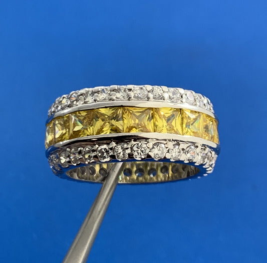 Designer 925 Sterling Silver Lemon & White Cubic Zirconia CZ Statement Band Ring