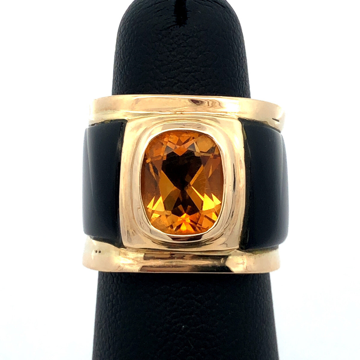Unusual 14K Yellow Gold Oval Citrine Black Statement Cigar Band Ring