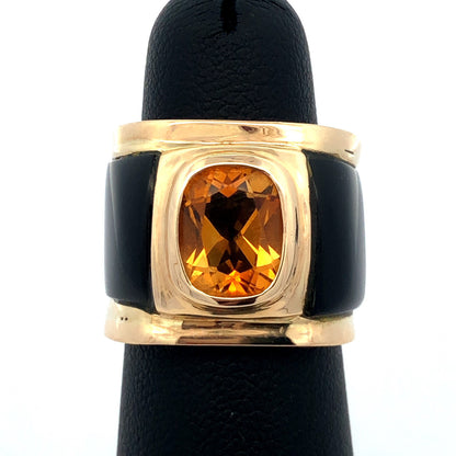 Unusual 14K Yellow Gold Oval Citrine Black Statement Cigar Band Ring