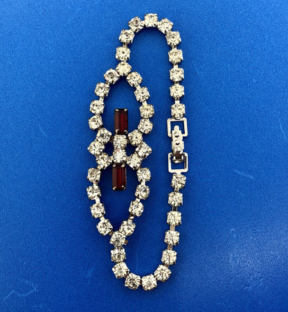 Vintage Silver Tone Rectangle Red Round White Rhinestone Valentine Bracelet