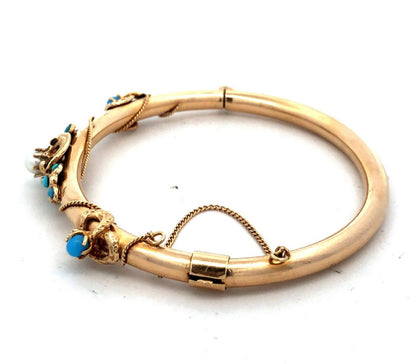 Estate 14K Yellow Gold Round Turquoise Pearl Art Deco Hinged Bangle Bracelet