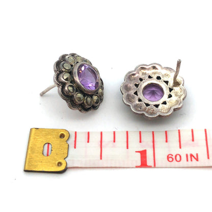 Vintage Designer A 925 Sterling Silver Amethyst Marcasite Flower Stud Earrings