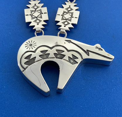 Native American 925 Sterling Silver Concho Bear Statement Storyteller Necklace