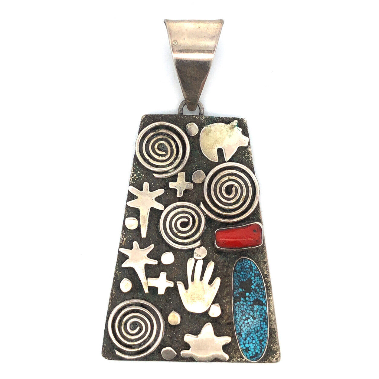 Alex Sanchez Navajo Sterling Silver Turquoise Coral Petroglyph Enhancer Pendant