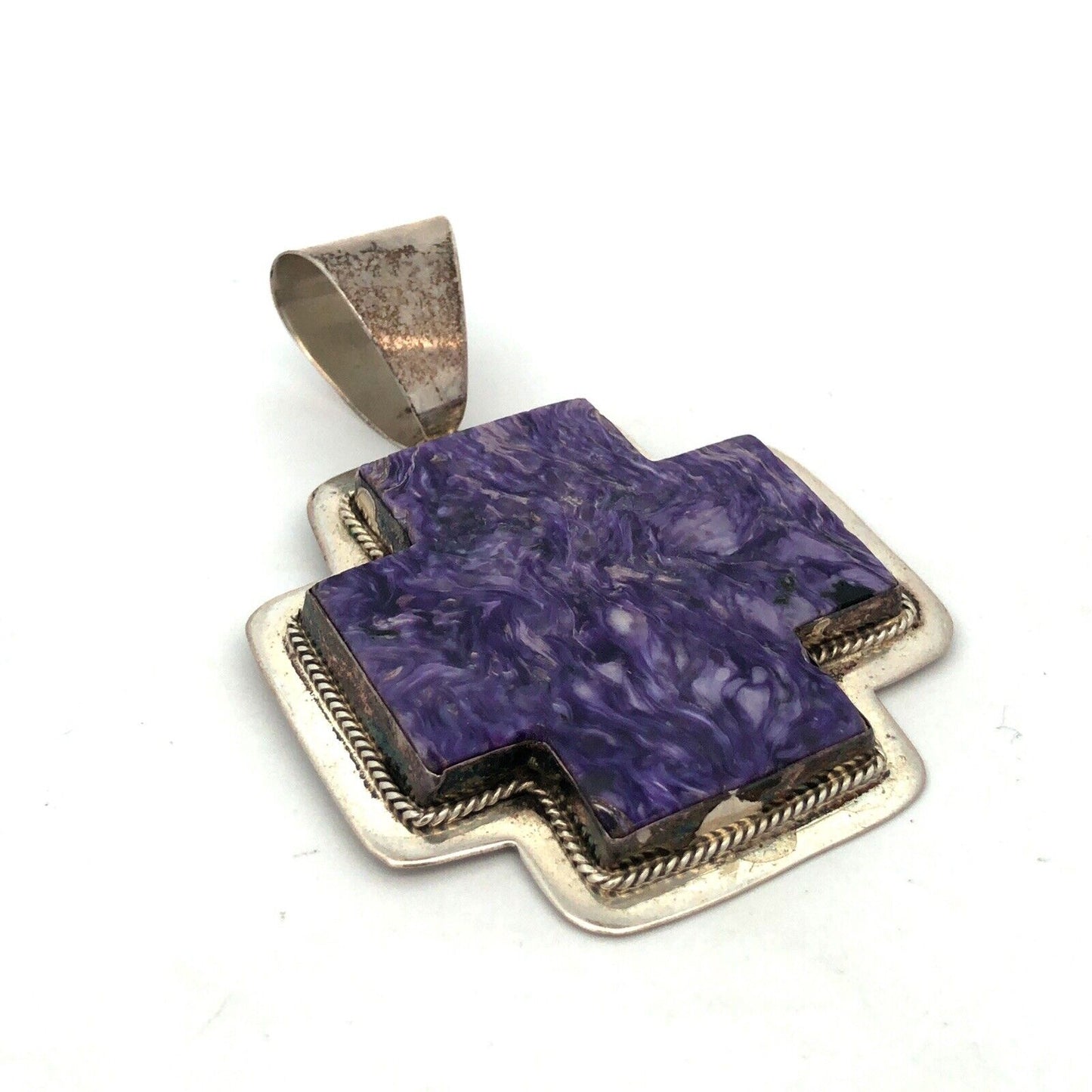 Native American Signed 925 Sterling Silver Charoite Statement Cross Pendant