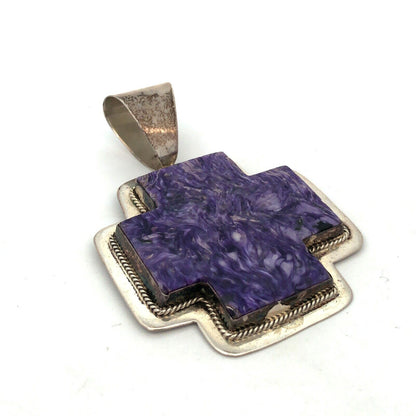Native American Signed 925 Sterling Silver Charoite Statement Cross Pendant